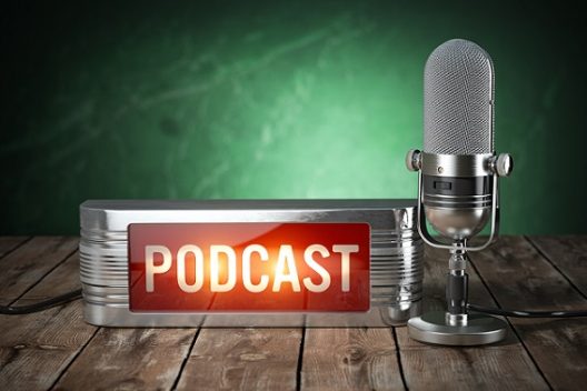 Podcast. Vintage microphone and signboard with text podcast. 3d